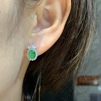High-Icy Vivid Green Natural Jadeite Cabochon Stud Earrings — S925 Silver · No. C2C8