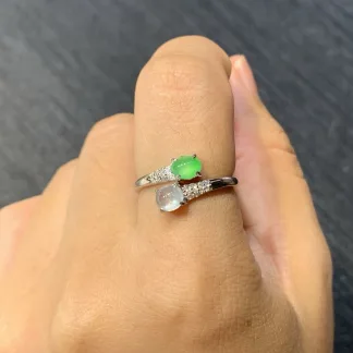 High-Icy White and Green Natural Jadeite Cabochon Ring — S925 Silver · No. 4749