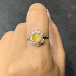 High-Icy Honey Yellow Natural Jadeite Cabochon Ring — S925 Silver · No. 9222