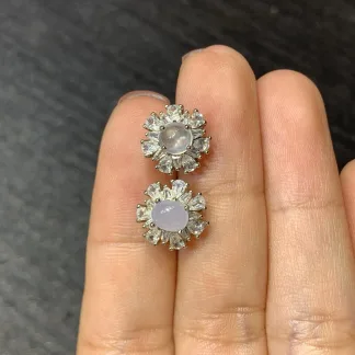 High-Icy White and Lavender A/B Design Natural Jadeite Cabochon Stud Earrings — S925 Silver · No. 8A7E