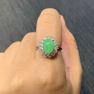 Icy Vivid Green Natural Jadeite Cabochon Ring — S925 Silver · No. 75AF