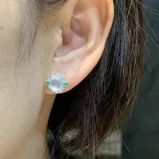 High-Icy Glowing Natural Jadeite Cabochon Stud Earrings — S925 Silver · No. 00EC