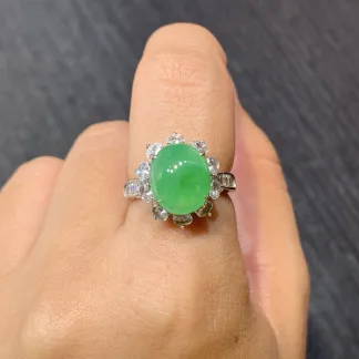 Icy Vivid Green Natural Jadeite Cabochon Ring — S925 Silver · No. 6A11