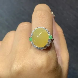 High-Icy Honey Yellow Natural Jadeite Cabochon Ring — S925 Silver · No. 09AE