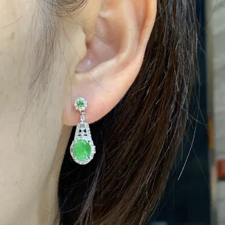 High-Icy Vivid Green Natural Jadeite Cabochon Drop Earrings — S925 Silver · No. 222F
