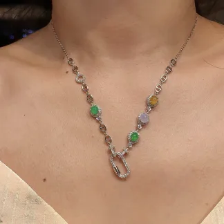 High-Icy Multicolor Natural Jadeite Convertible Cabochon Chain — S925 Silver · No. 9E5B