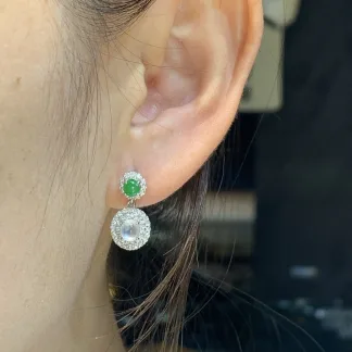 High-Icy Glowing White and Vivid Green Natural Jadeite Cabochon Drop Earrings — S925 Silver · No. 60BA