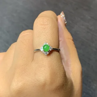 Vivid Green Natural Jadeite Cabochon Ring — S925 Silver · No. E388