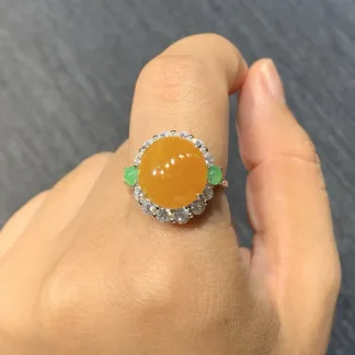 Icy Honey Yellow Natural Jadeite Cabochon Ring — S925 Silver · No. 0AA5