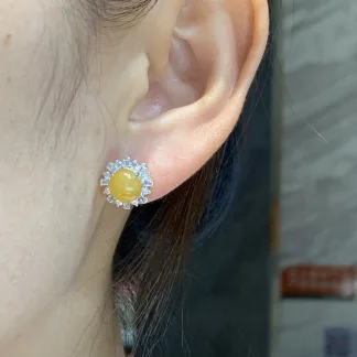 High-Icy Honey Yellow Natural Jadeite Cabochon Stud Earrings — S925 Silver · No. B9E4