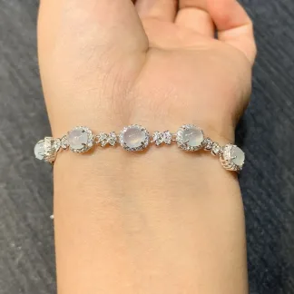 High-Icy Glowing Natural Jadeite Cabochon Bracelet — S925 Silver · No. 82F6