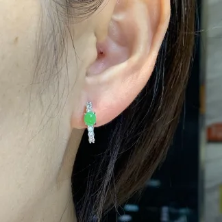 High-Icy Vivid Green Natural Jadeite Cabochon Huggie Earrings — S925 Silver · No. 421C