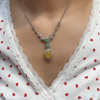 High-Icy Honey Yellow Natural Jadeite Cabochon Necklace — S925 Silver · No. F7EF