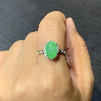 Icy Vivid Green Natural Jadeite Cabochon Ring — S925 Silver · No. D014