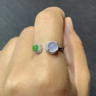 Icy Lavender and Green Natural Jadeite Cabochon Ring — S925 Silver · No. 7F93