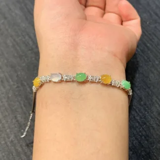 High-Icy Multicolor Natural Jadeite Cabochon Bracelet — S925 Silver · No. A42C