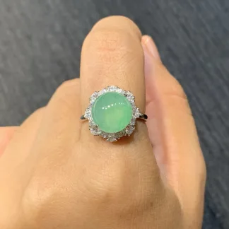 High-Icy Lake Green Natural Jadeite Cabochon Ring — S925 Silver · No. B400