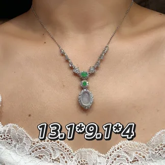 High-Icy Glowing Natural Jadeite Cabochon Necklace — S925 Silver · No. BC36