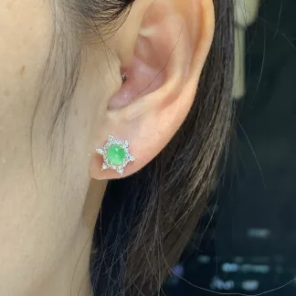 Icy Glowing Green Natural Jadeite Cabochon Stud Earrings — S925 Silver · No. 5FCF