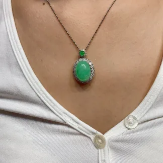Icy Vivid Green Natural Jadeite Cabochon Pendant — S925 Silver · No. C080