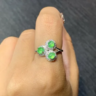 High-Icy Glowing Green Natural Jadeite Cabochon Ring — S925 Silver · No. 3897