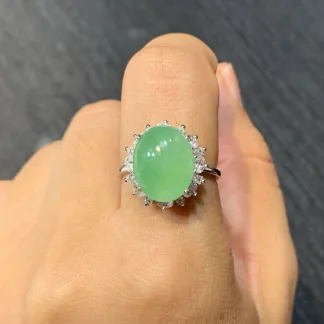 Icy Soft Vivid Green Natural Jadeite Cabochon Ring — S925 Silver · No. 86BC