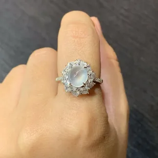 High-Icy Glowing Natural Jadeite Cabochon Ring — S925 Silver · No. 2983
