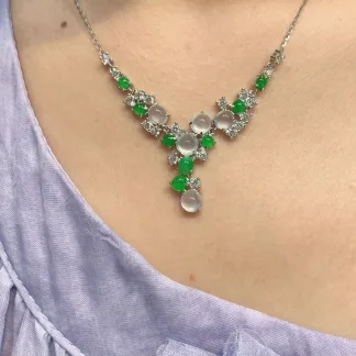 High-Icy Glowing White and Vivid Green Natural Jadeite Cabochon Necklace — S925 Silver · No. C673