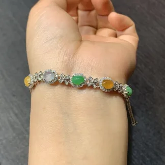 High-Icy Multicolor Natural Jadeite Cabochon Bracelet — S925 Silver · No. 6168