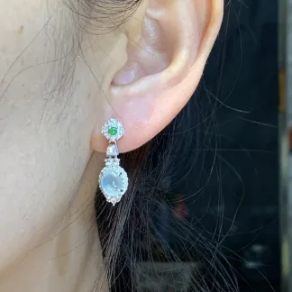 High-Icy Clear Natural Jadeite Cabochon Drop Earrings — S925 Silver · No. 8D85