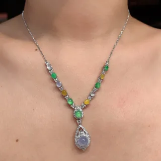 High-Icy Multicolor Natural Jadeite Cabochon Necklace — S925 Silver · No. A2C5