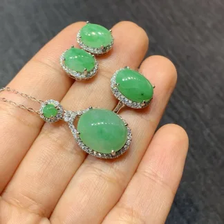 Green Natural Jadeite Cabochon Set — S925 Silver · No. 66E4