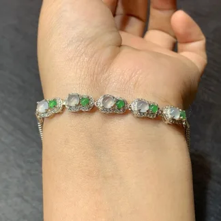 High-Icy Glowing Natural Jadeite Cabochon Bracelet — S925 Silver · No. 03E2