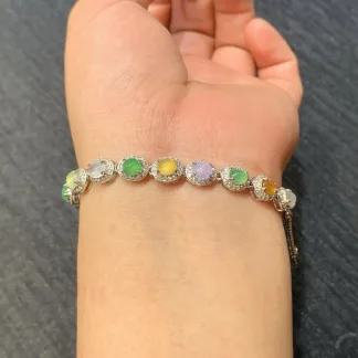 High-Icy Multicolor Natural Jadeite Cabochon Bracelet — S925 Silver · No. 1193