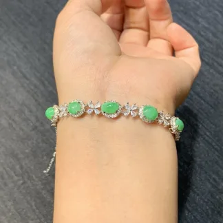 Icy Fresh Vivid Green Natural Jadeite Cabochon Bracelet — S925 Silver · No. 0A45