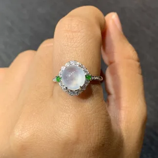 High-Icy Glowing Natural Jadeite Cabochon Ring — S925 Silver · No. C636
