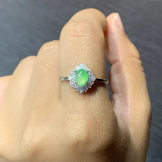 Icy Glowing Green Natural Jadeite Cabochon Ring — S925 Silver · No. 4D9C