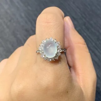 High-Icy Glowing Natural Jadeite Cabochon Ring — S925 Silver · No. 7A02