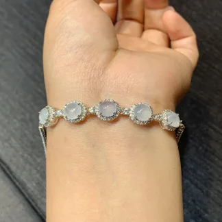 High-Icy Glowing Natural Jadeite Cabochon Bracelet — S925 Silver · No. C359