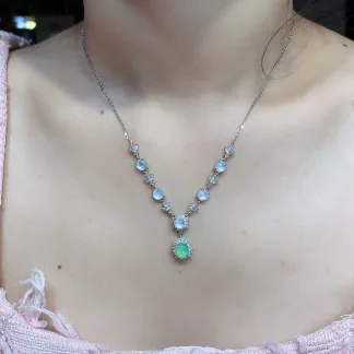 High-Icy White and Green Natural Jadeite Cabochon Necklace — S925 Silver · No. 6DD1