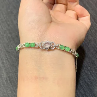 High-Icy Glowing White and Vivid Green Natural Jadeite Cabochon Bracelet — S925 Silver · No. 1709