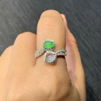 High-Icy White and Green Natural Jadeite Cabochon Ring — S925 Silver · No. DFBF