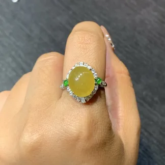 Icy Honey Yellow Natural Jadeite Cabochon Ring — S925 Silver · No. 122C