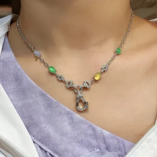 High-Icy Multicolor Natural Jadeite Convertible Cabochon Chain — S925 Silver · No. 2564