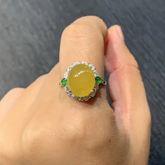Icy Lustrous Honey Yellow Natural Jadeite Cabochon Ring — S925 Silver · No. 9A94