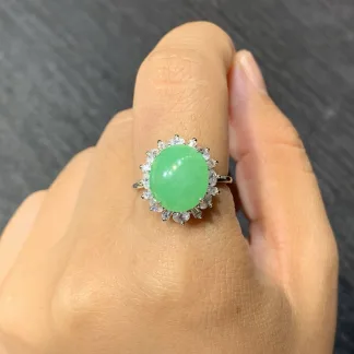 Full-Profile Soft Vivid Green Natural Jadeite Cabochon Ring — S925 Silver · No. 9C5B