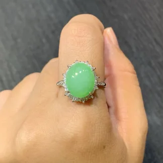 Icy Fresh Vivid Green Natural Jadeite Cabochon Ring — S925 Silver · No. 8B78