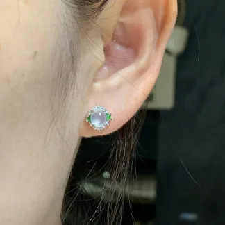 High-Icy Glowing Natural Jadeite Cabochon Stud Earrings — S925 Silver · No. 37D7