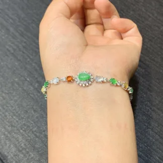 High-Icy Multicolor Natural Jadeite Cabochon Bracelet — S925 Silver · No. 789F