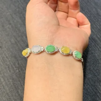 High-Icy Multicolor Natural Jadeite Cabochon Bracelet — S925 Silver · No. 3E79